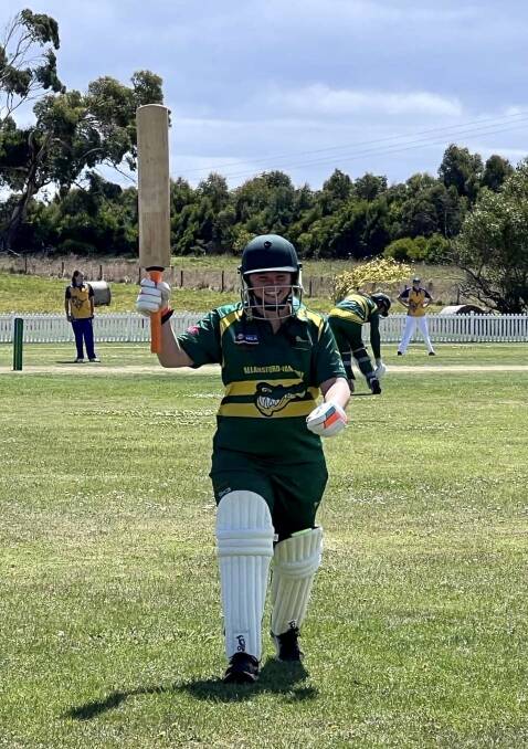 First-year Gator Hannah Meates celebrates her first half-century for Allansford-Panmure. Picture supplied