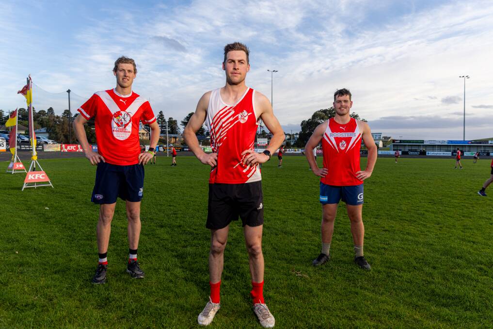 South Warrnambool players Jed Henderson (seniors), Jaidyn Hawkins (reserves) and Tom Powell (under 18.5) at Friendly Societies' Park. Picture by Eddie Guerrero 