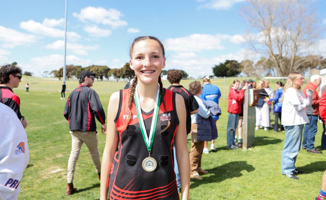 Cobden's Shelby Cameron after winning best on court in the 17 and under reserves grand final. Picture by Anthony Brady 