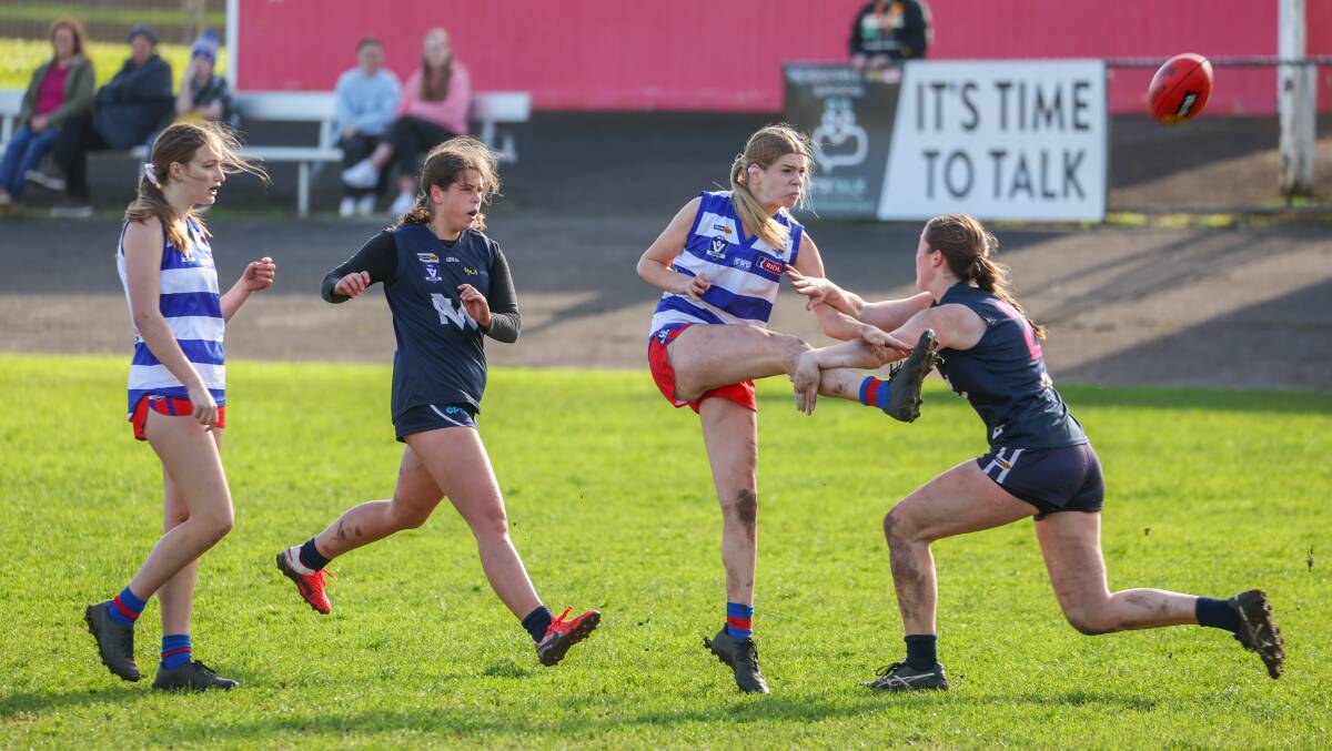 New GWV Rebels footballer Lilly Dixon kicking the ball for Terang Mortlake in the 2023 Western Victoria Female Football League finals series. Picture by Eddie Guerrero 