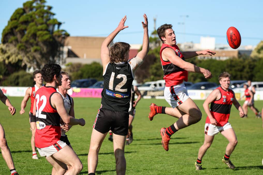 Cobden ruck-forward Ben Berry jumps towards the ball during Sunday's elimination final against Koroit. Picture by Sean McKenna 