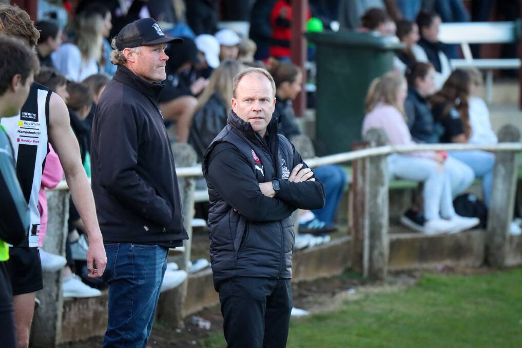 Camperdown coach Neville Swayn on the sidelines against Cobden in round five. Picture by Justine McCullagh-Beasy 