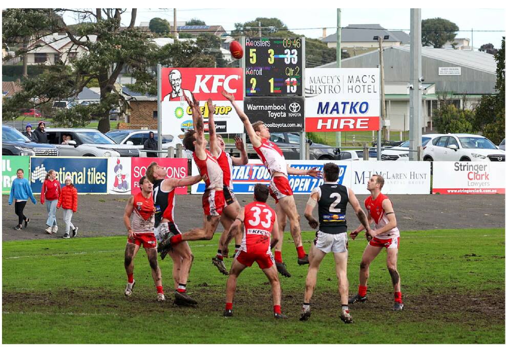South Warrnambool and Koroit players contest the ball during their round 13 clash at Friendly Societies' Park. Picture by Eddie Guerrero 