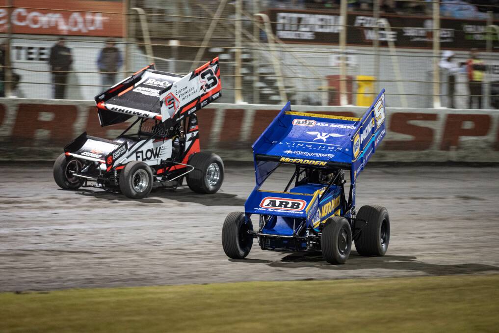Kaidon Brown and James McFadden compete at Premier Speedway on New Year's Day 2024. Picture by Sean McKenna 