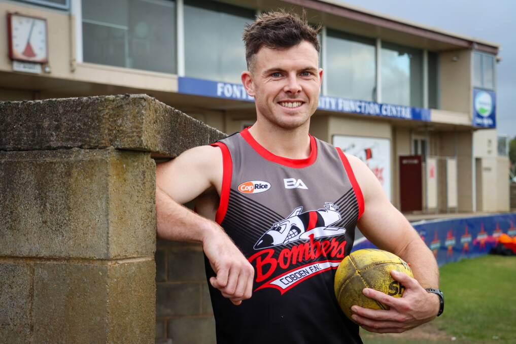 Angus Uwland is back in familiar territory at Cobden Recreation Reserve after rejoining the Bombers for the 2024 season. Picture by Justine McCullagh-Beasy 