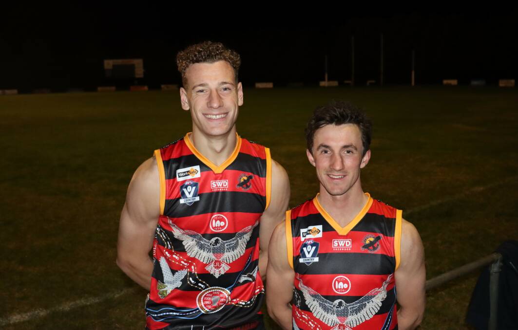Penshurst pair Josh and Nathan Rentsch in the Bombers' Indigenous guernsey. Picture by Tracey Kruger 
