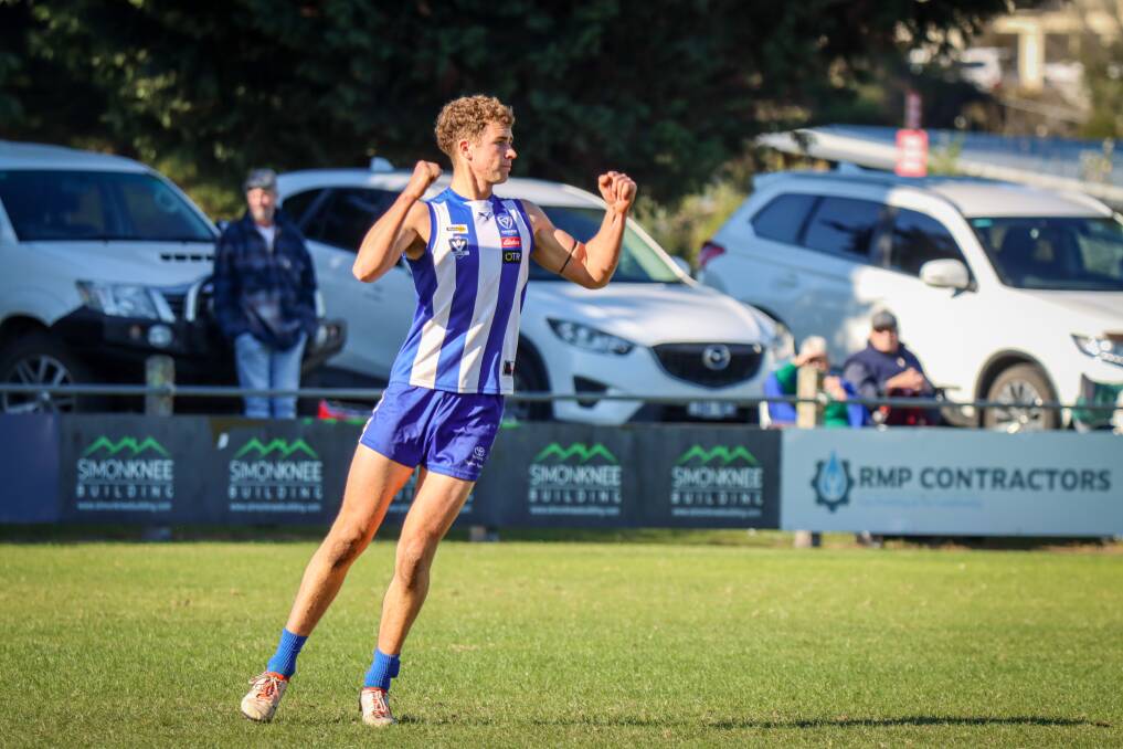 Hamilton Kangaroos' Hamish Cook celebrates one of his six goals against Port Fairy. Picture by Justine McCullagh-Beasy 