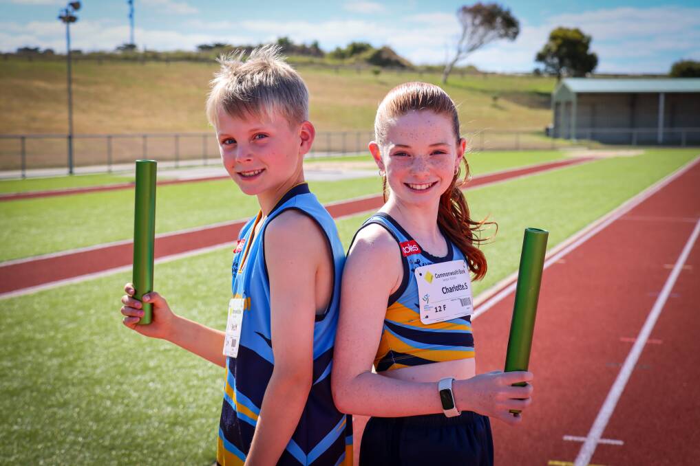 Warrnambool Little Athletics Club's Beau Morrison, 10, and Charlotte Staaks, 11, will compete in the relay event. Picture by Justine McCullagh-Beasy 