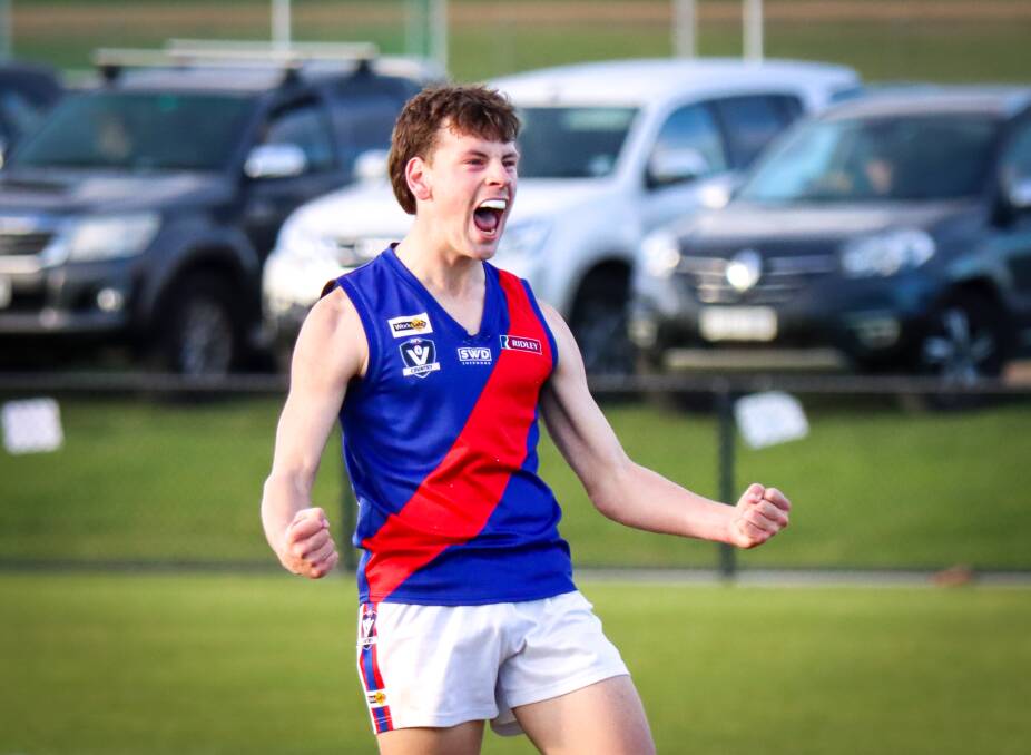 Terang Mortlake's Darcy Hutchins celebrates a last-quarter goal against Warrnambool. Picture by Justine McCullagh-Beasy 