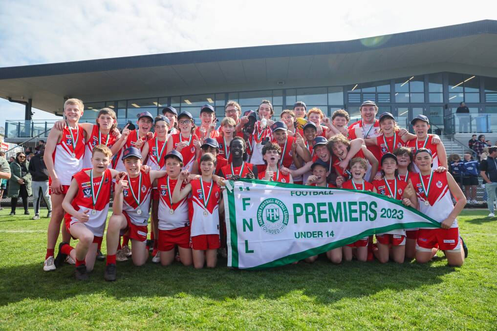 South Warrnambool players celebrate winning the Hampden league under 14 football premiership. Picture by Eddie Guerrero 