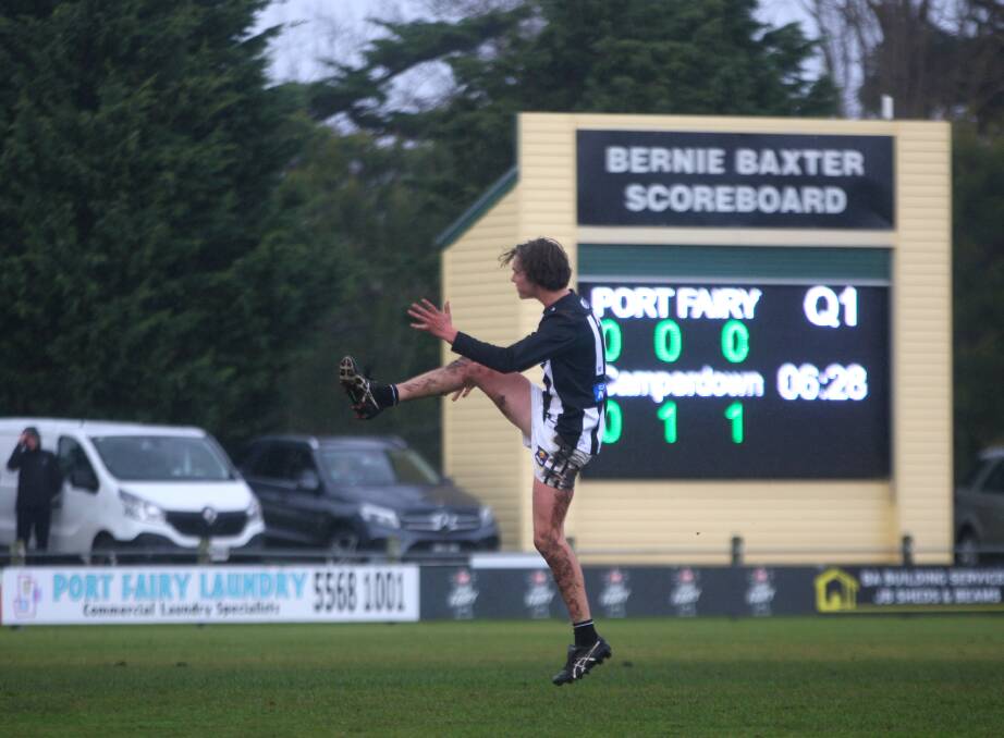 Isaac Stephens kicks for goal during a game for Camperdown in 2022. Picture by Meg Saultry 