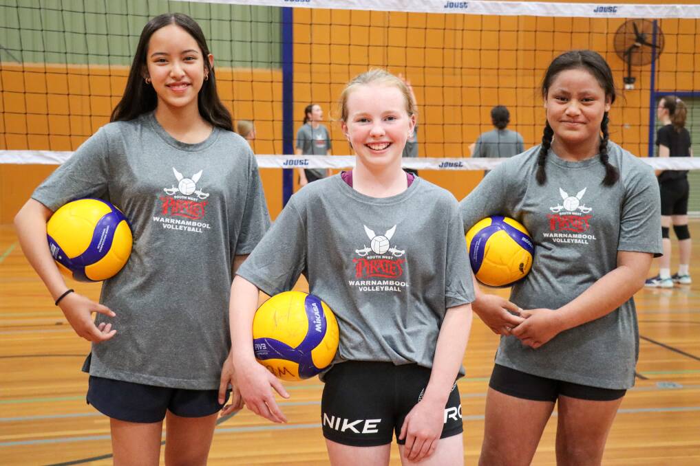 Mary Pantino, 12, Marilla Smits, 13, and Cleo Tamasese will represent South West Pirates at a tournament for the first time. Picture by Justine McCullagh-Beasy 