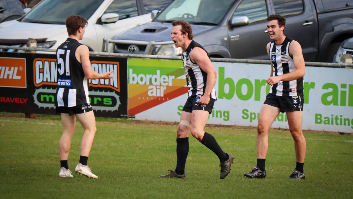 Camperdown's Cameron Spence (middle) celebrates a goal with Tommy Baker and Angus Gordon. Picture by Justine McCullagh-Beasy 