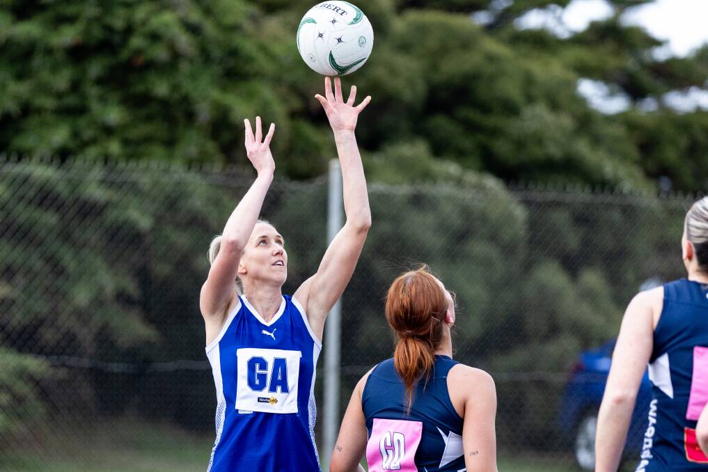 Hamilton Kangaroos' Clare Crawford shoots at goal against Warrnambool. She scored 18 goals. Picture by Anthony Brady 