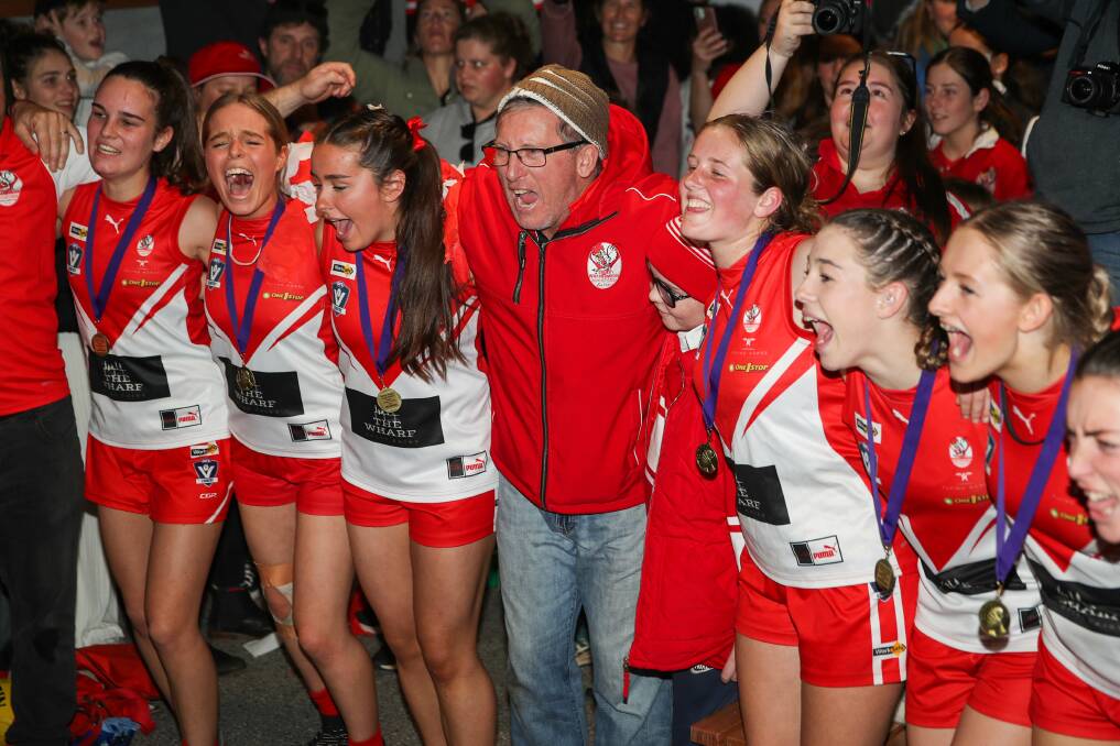 Coach Chris Meade celebrates South Warrnambool's under 18 Western Victoria Female Football League premiership. Picture by Morgan Hancock 