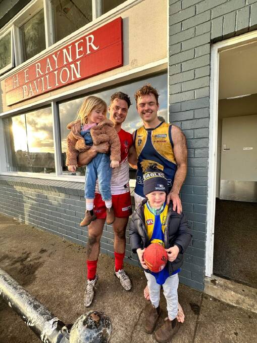 South Warrnambools Jeremy Mugavin and his brother Benjamin, a North Warrnambool ruckman, played against each other late in the 2023 Hampden league season. They are pictured with Benjamins two children Paddy and Annie. Picture supplied 