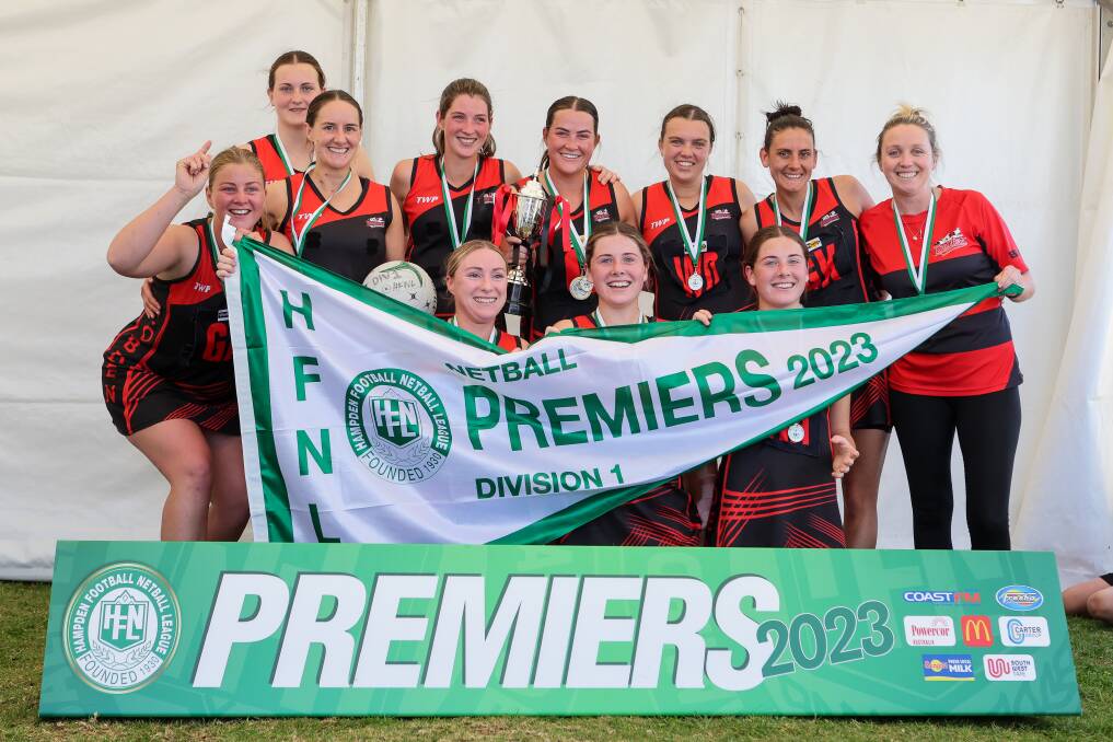 Cobden's 2023 division one premiership team featured teenager Nikki Clover (back). Picture by Anthony Brady 