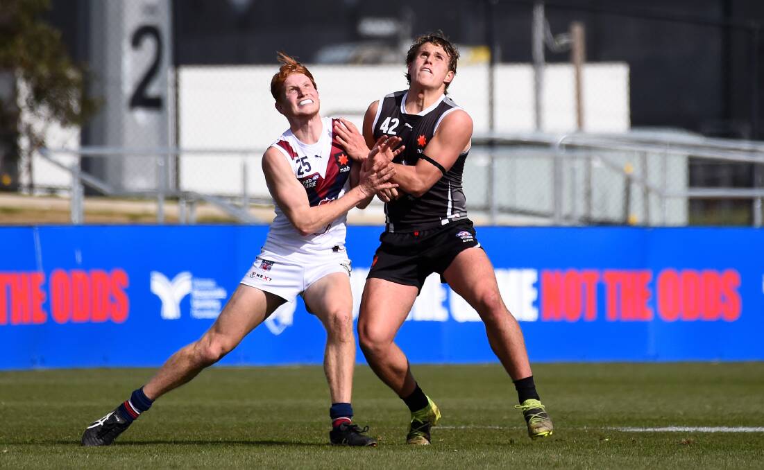 BATTLE OF STRENGTH: South Warrnambool's George Stevens (right) jostles with his Sandringham opponent during GWV Rebels' loss on Sunday. Stevens gathered 21 disposals. Picture: Adam Trafford