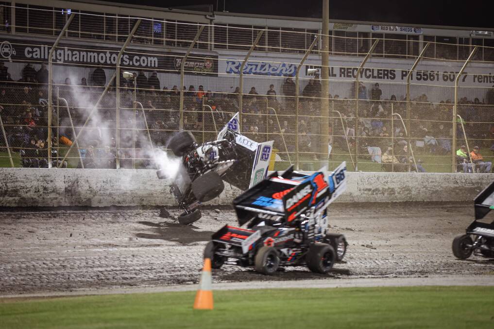 Tasmanian Tate Frost goes flying during a crash at Premier Speedway. Picture by Sean McKenna 