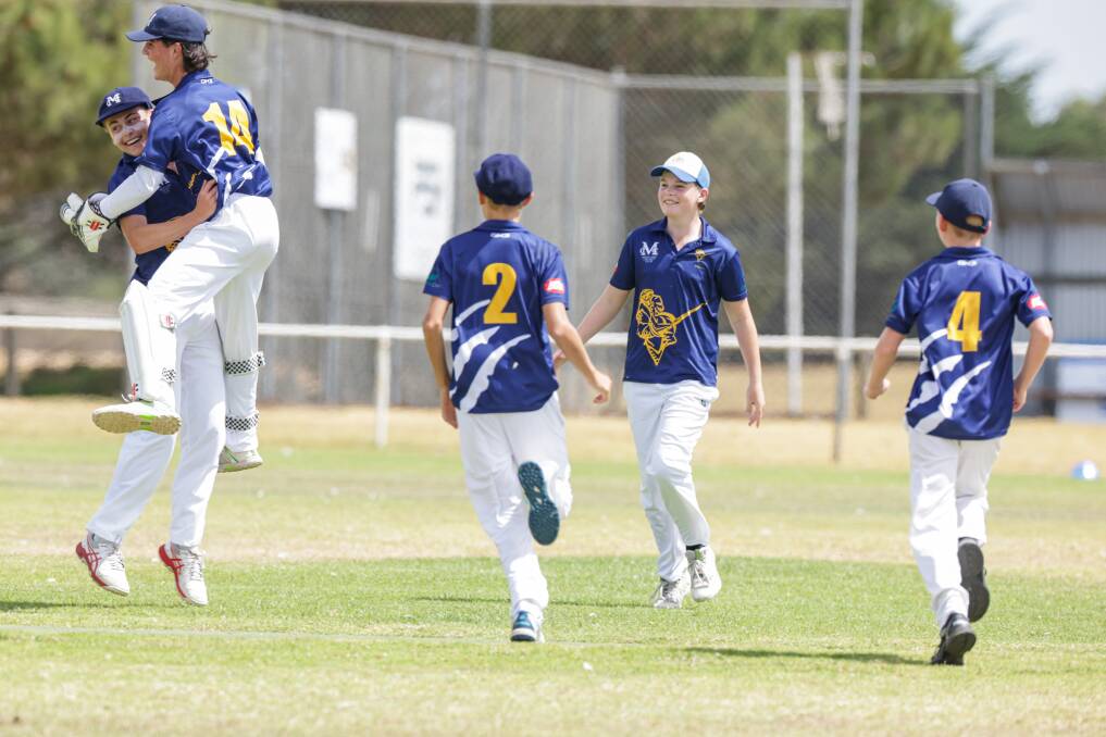 Mortlake Cobden jumps for joy celebrating a Port Fairy wicket. Picture by Sean McKenna 