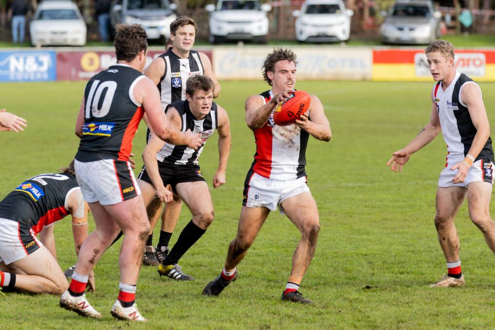 James Gow prepares to kick Koroit forward during a game against Camperdown in 2023. Picture by Anthony Brady 