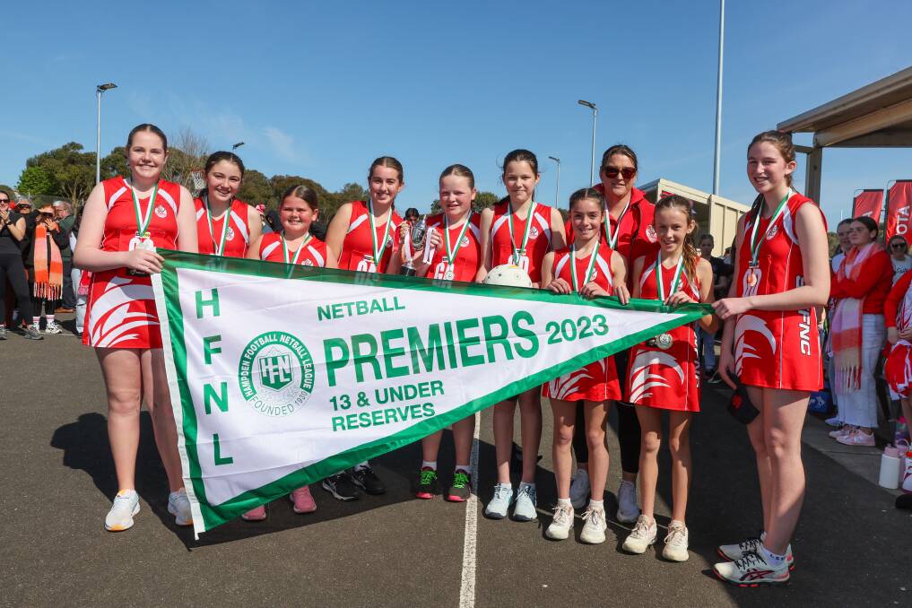 The victorious South Warrnambool 13 and under reserves netball team celebrates its grand final win. Picture by Eddie Guerrero 