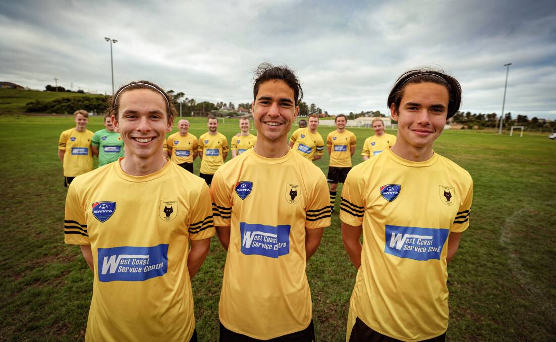 The Lim brothers - Dan, 19, Joe, 17, and Gabe, 15, prior to kick off. They played together in Warrnambool Wolves' senior team for the first time on Sunday. Picture by Sean McKenna 