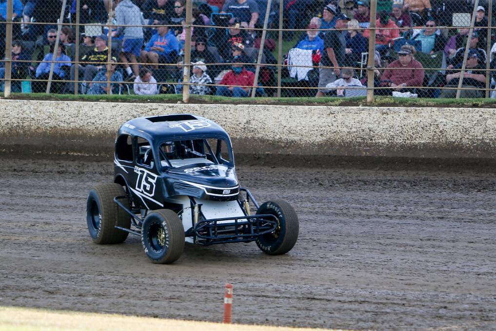 Dane Court racing in a super rod, which runs the opposite way on a track to a sprintcar. Picture by Anthony Brady 