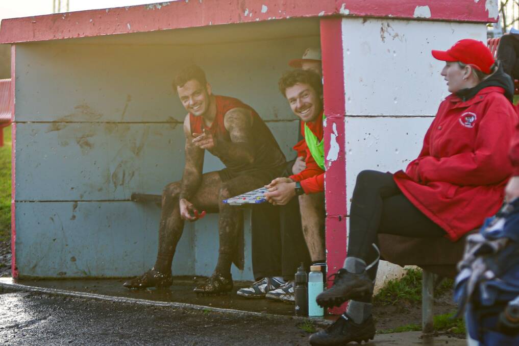 South Warrnambool's Jeremy Mugavin enjoys a laugh on the bench. Picture by Eddie Guerrero 