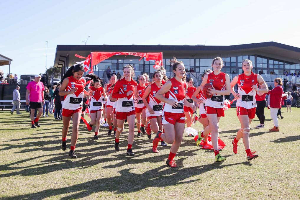 The Chris Meade-led South Warrnambool under 18 team runs out on Western Victoria Female Football League grand final day. Picture by Morgan Hancock 
