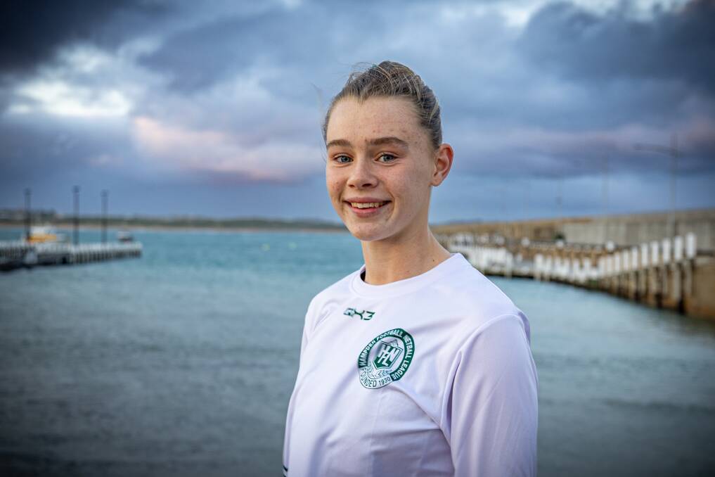 Maya Rhodes, pictured near the Warrnambool breakwater, is making waves in the Hampden netball scene. Picture by Eddie Guerrero 