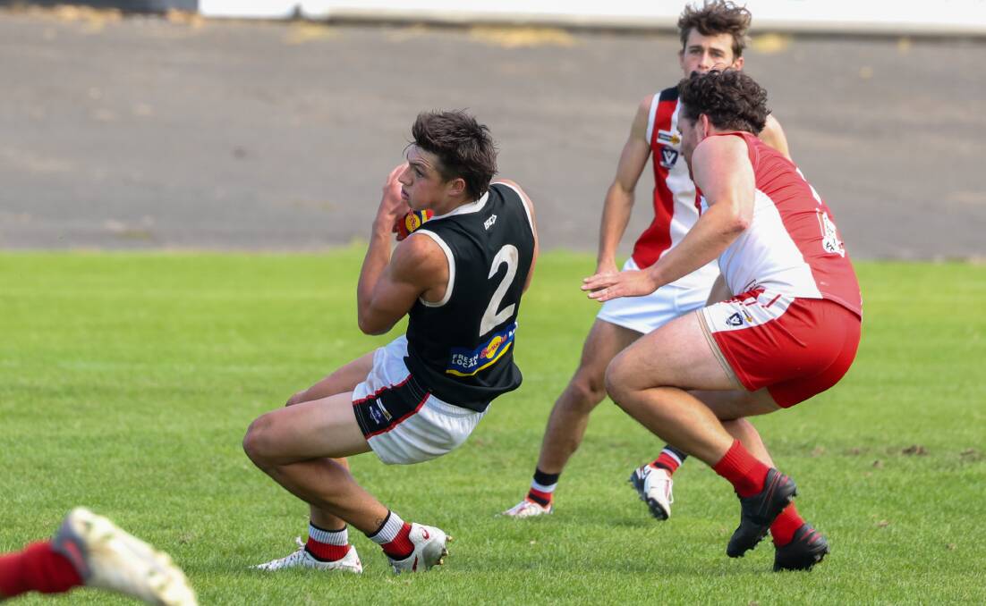 Koroit midfielder Paddy OSullivan in action against South Warrnambool in round one. Picture by Eddie Guerrero. 