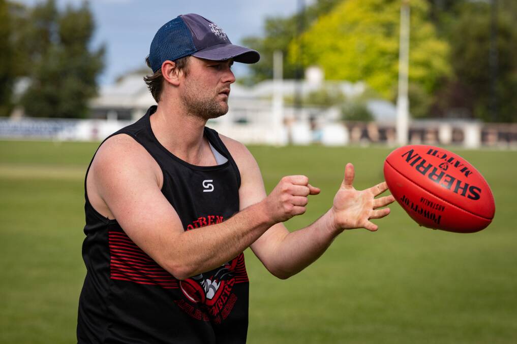 Charlie Darcy, pictured at pre-season training, will miss Cobden's clash against North Warrnambool Eagles with a shoulder injury. Picture by Sean McKenna 