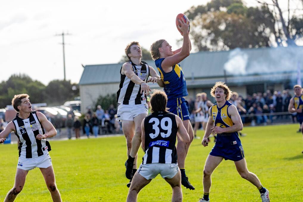 Midfielder Jett Bermingham takes a strong mark for North Warrnambool Eagles. Picture by Anthony Brady 