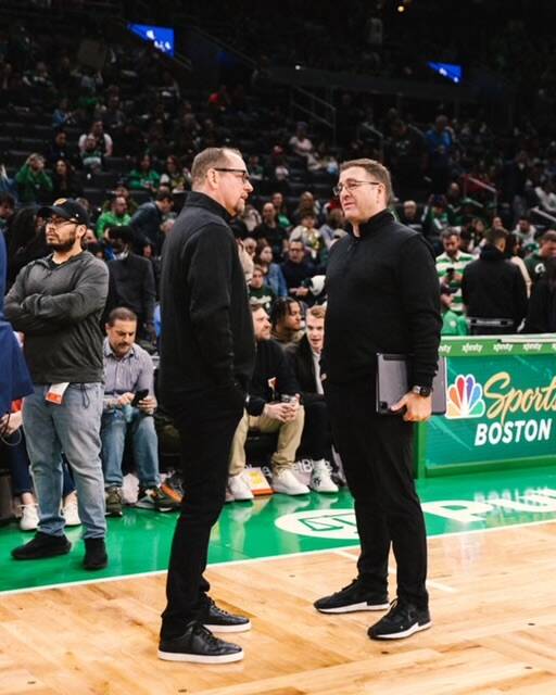 Nick Nurse and Trevor Gleeson speak during a Toronto Raptors' game against Boston Celtics. Picture supplied 
