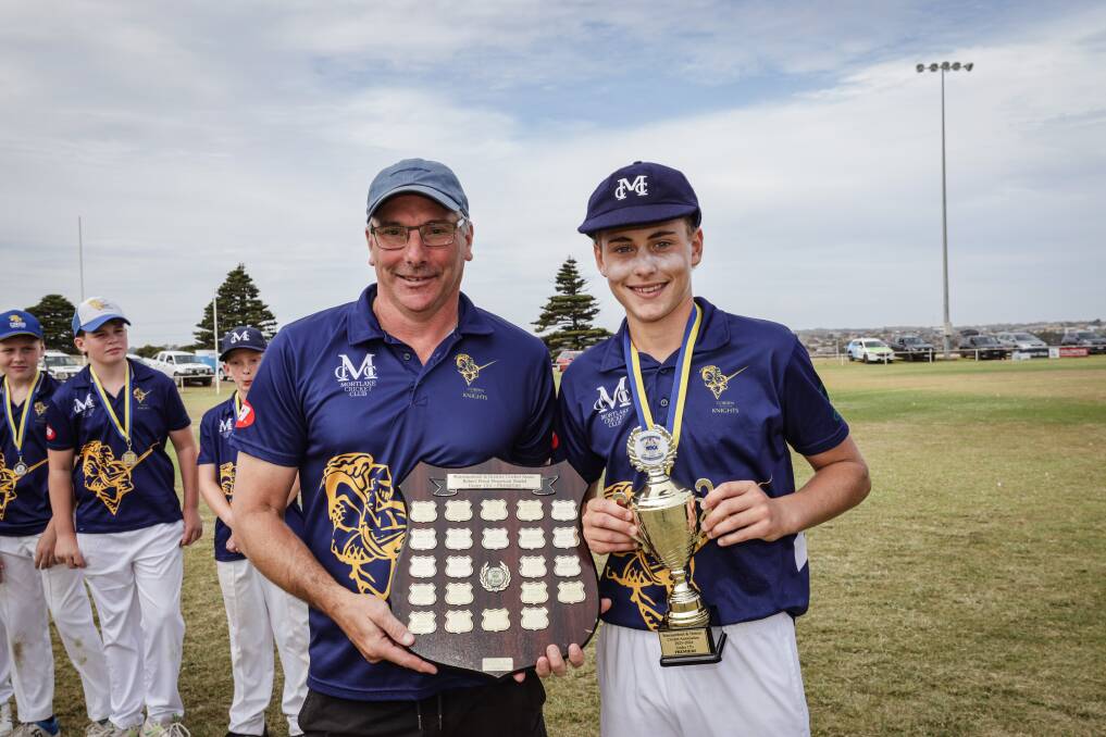 Mortlake Cobden coach Shane Slater and captain Sam Wareham with the under 15 premiership shield. Picture by Sean McKenna 