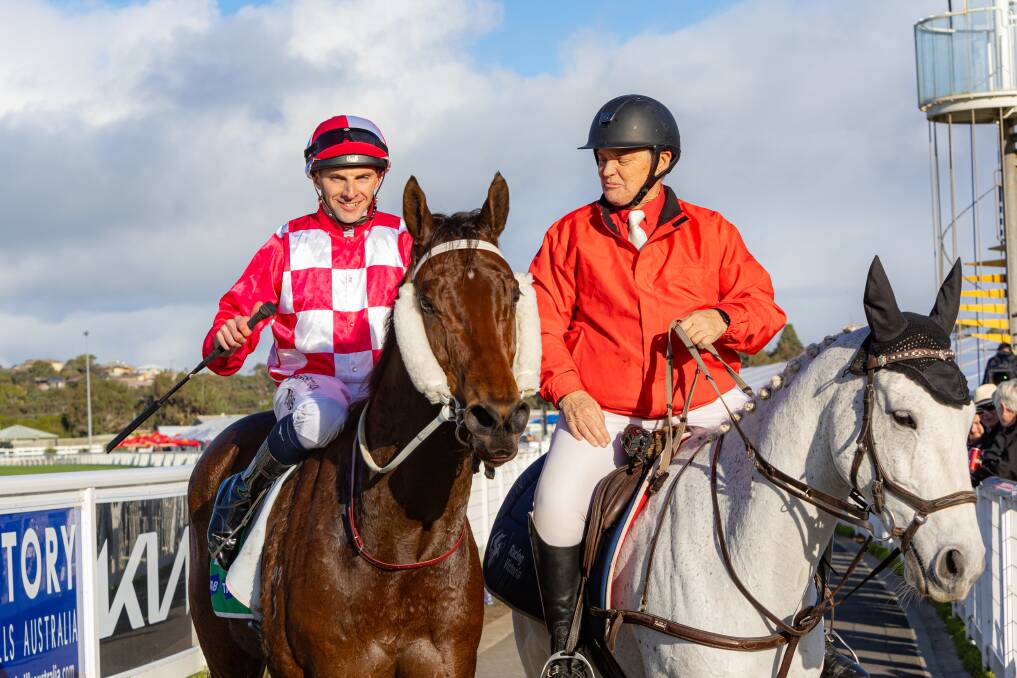 Jockey Declan Bates (left) with horse Prince Sonic at Warrnambool Racing Club. Picture by Eddie Guerrero