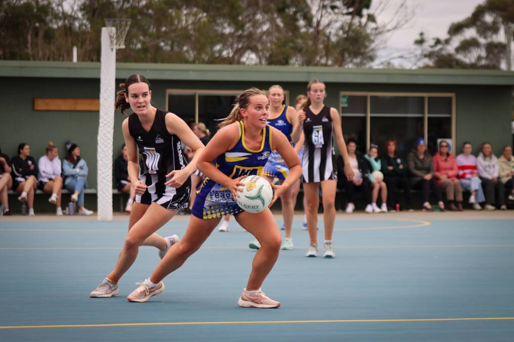 Phoebe Wittmann returned to North Warrnambool Eagles' line-up against Camperdown. She is pictured opposed to Camperdown's Rosie Pickles. Picture by Justine McCullagh-Beasy 