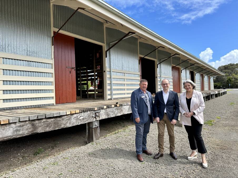 Cr Damian Gleeson, Senator Raff Ciccone and mayor Karen Foster officially open the restored railway goods shed in Port Fairy. Picture by Katrina Lovell 