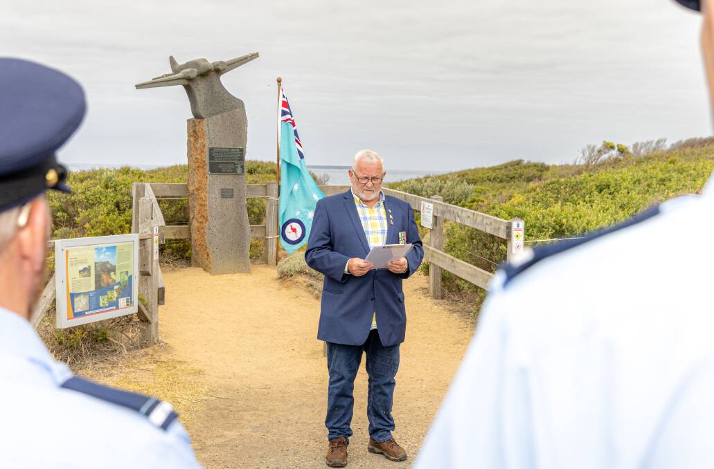 Port Fairy RSL president Mick Clifford at the memorial at The Crags for the Avro Anson plane which crashed 80 years ago in 1944 off Lady Julia Percy Island, also known as Deen Maar. Picture by Eddie Guerrero. 