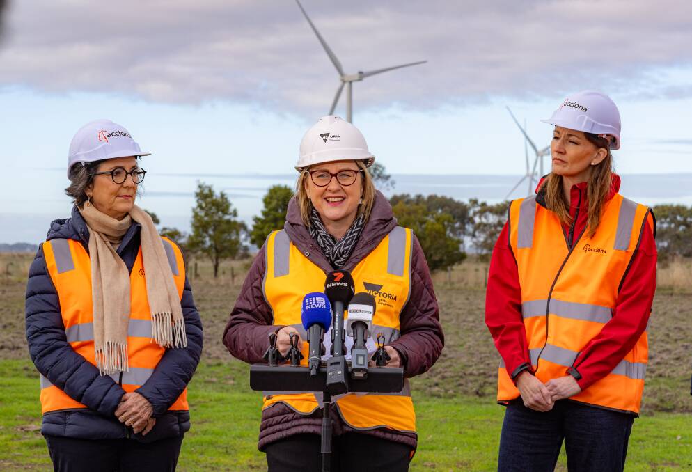 Western Victoria MP Jacinta Ermacora, Premier Jacinta Allan and Acciona's Jo Stone at the Mortlake South Wind Farm. Picture by Eddie Guerrero