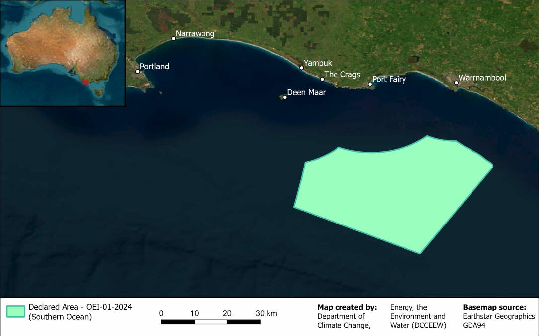The declared offshore wind zone off Port Fairy and Warrnambool.