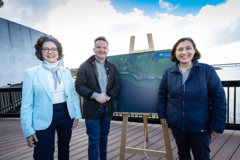 State and federal government MPs Jacinta Ermacora, Chris Bowen and Lily D'Ambriosio announce the new offshore wind zone which stretches from Warrnambool to Portland. Picture by Sean McKenna 