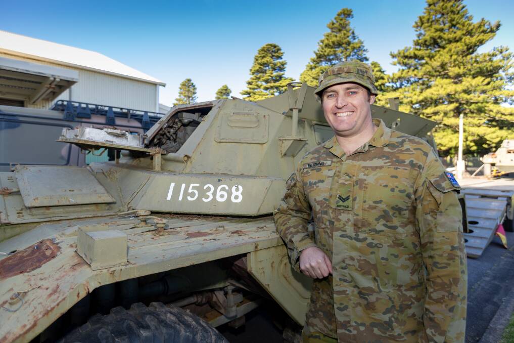Corporal Warrick Petering with the Saracen that has just arrived at Warrnambool's depot. Picture by Eddie Guererro