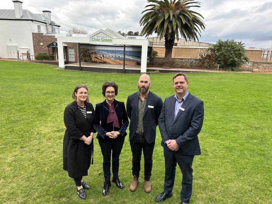 Lauren Edney, MP Jacinta Ermacora, Luke Coughlan and Andrew Mason at the Civic Green which is in line for power, lighting and water upgrades. Picture by Katrina Lovell 