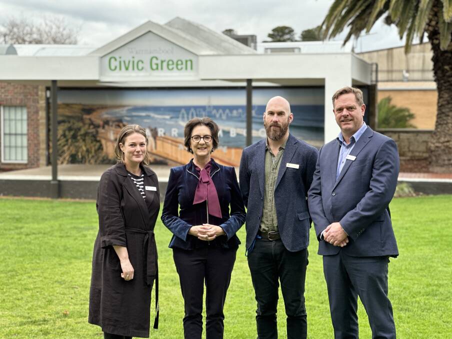 Lauren Edney, MP Jacinta Ermacora, Luke Coughlan and Andrew Mason at the Civic Green which is in line for power, lighting and water upgrades. Picture by Katrina Lovell