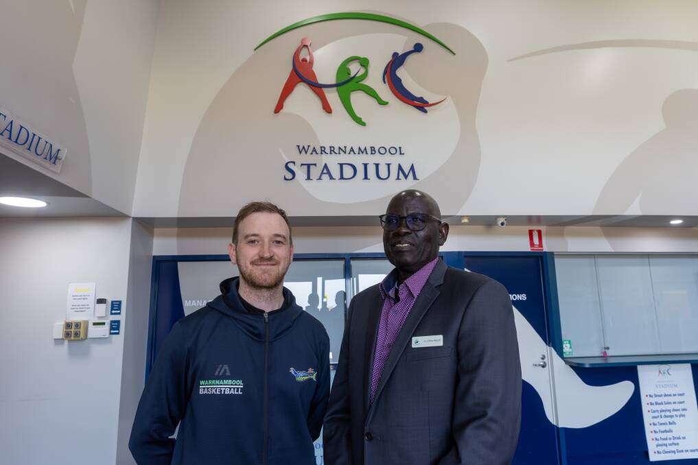Warrnambool Basketball Association general manager Jack Huxtable and Warrnambool City councillor Otha Akoch say it's time for a stadium upgrade. Picture by Eddie Guerrero