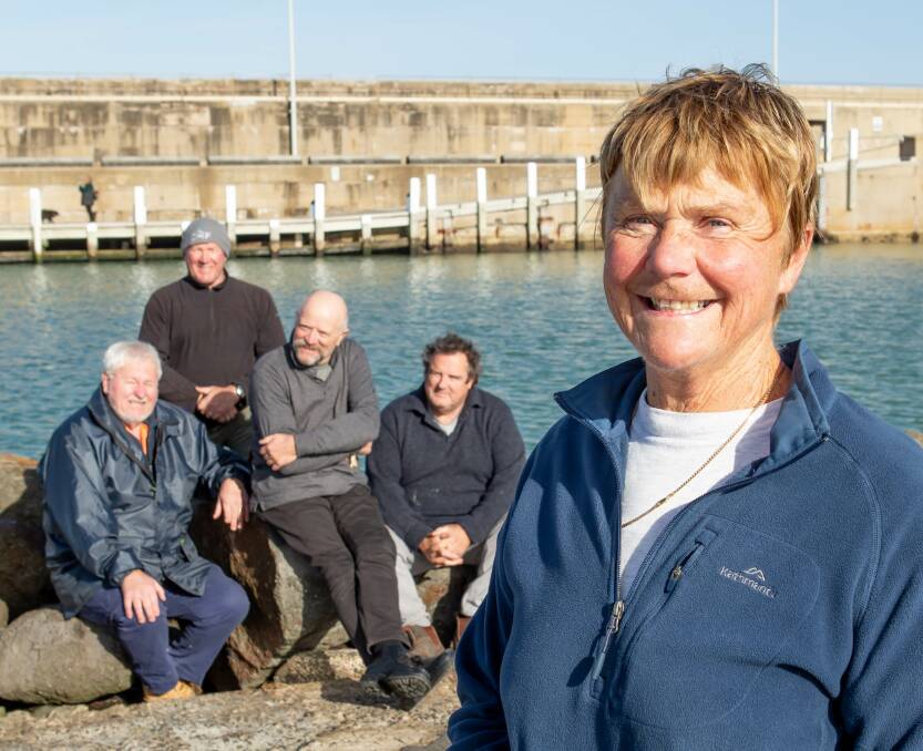 Tammy Good's grandfather used to work unloading ships along the breakwater in the 1920s. Neville Dance, Steve Tippett, Cr Richard Ziegeler and Rodney Blake who are on the harbour reference group have a keen interest in the history of the breakwater. Picture: Charis Doheny