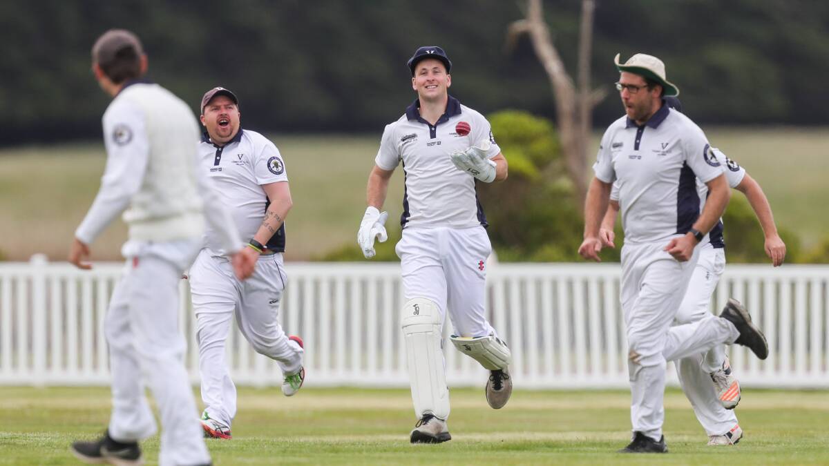 HAPPY TIMES: Yambuk's Colin Harwood celebrates a wicket in his first game. Picture: Morgan Hancock