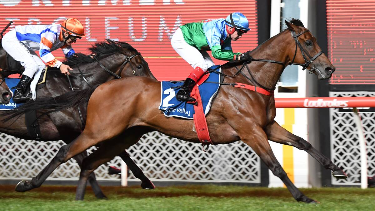 STABLE FAVOURITE: Scales of Justice with Dean Yendall in the saddle wins the Australia Stakes in January. The sprinter-miler died on Thursday morning. Picture: Pat Scala/Racing Photos
